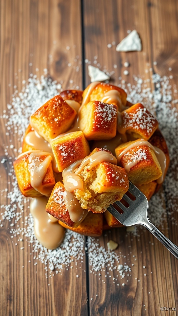 Single serving of monkey bread with cinnamon sugar coating and glaze on a rustic table.